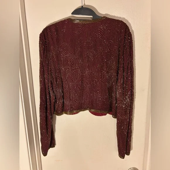 Niteline Della Roufogali SILK Wine/ Gold BEADED CROPPED EVENING JACKET! - Picture 13 of 15